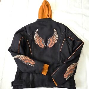 Womens Moto Riding Jacket LARGE Revolution Gear Angel Wing Patches Black Orange‎